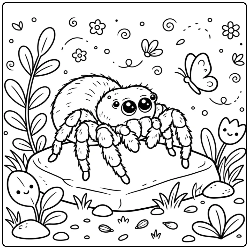 Leuke springende spin kleurplaat op een steen met vlindertje.