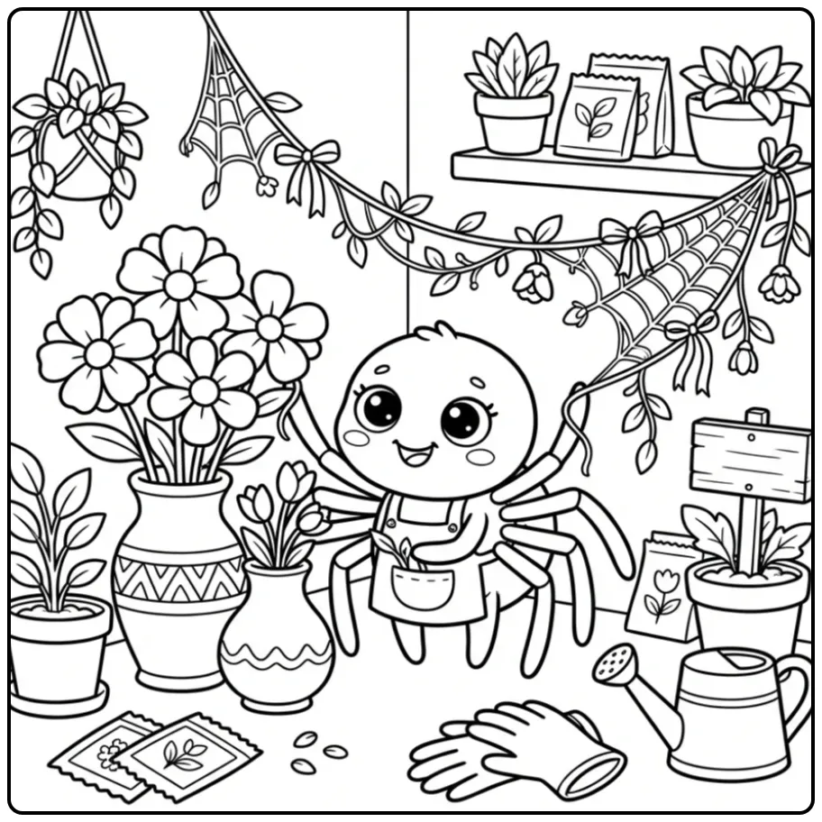 Vrolijke spin kleurplaat in een bloemenwinkelhoek.