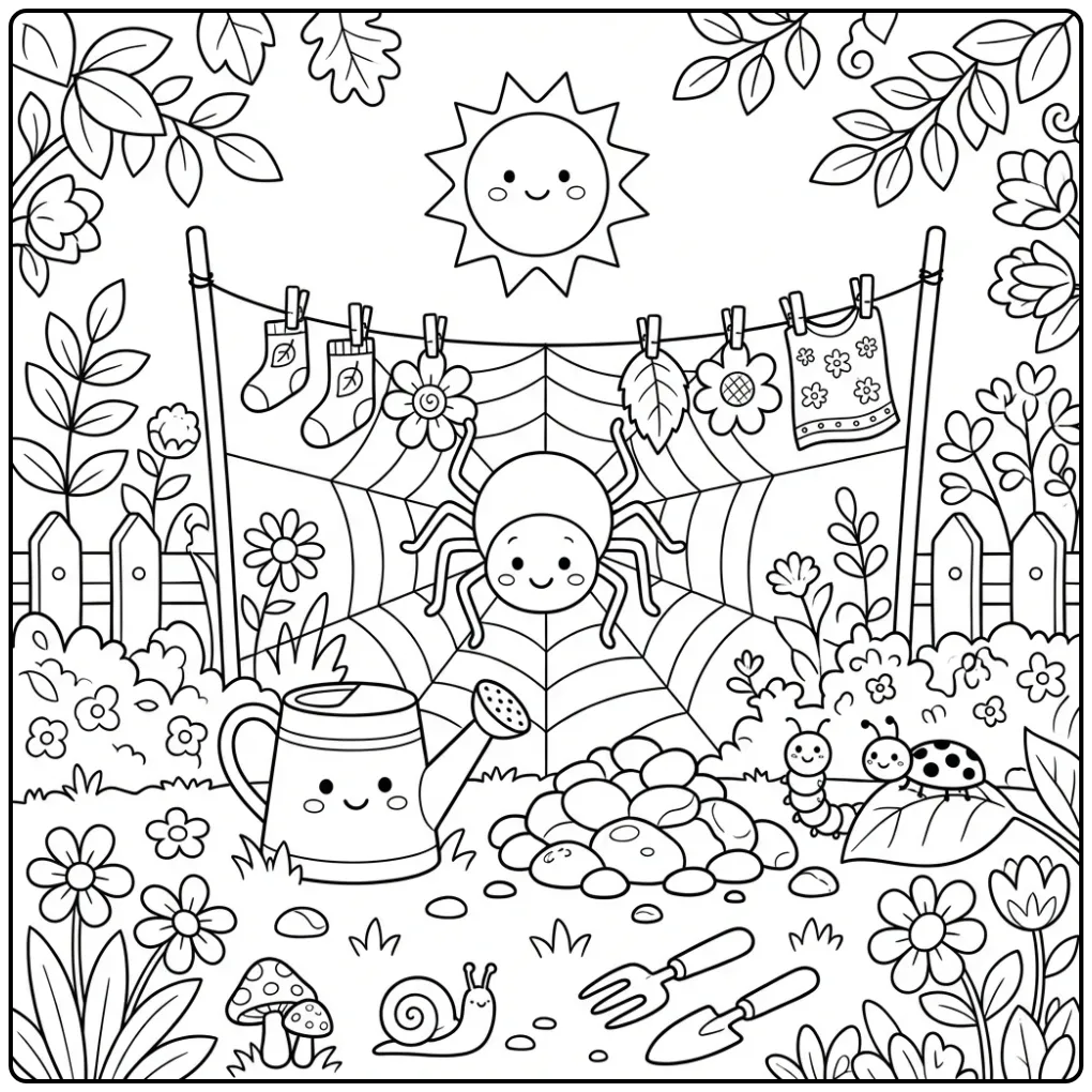 Cartoon spin kleurplaat die de was ophangt in de tuin.