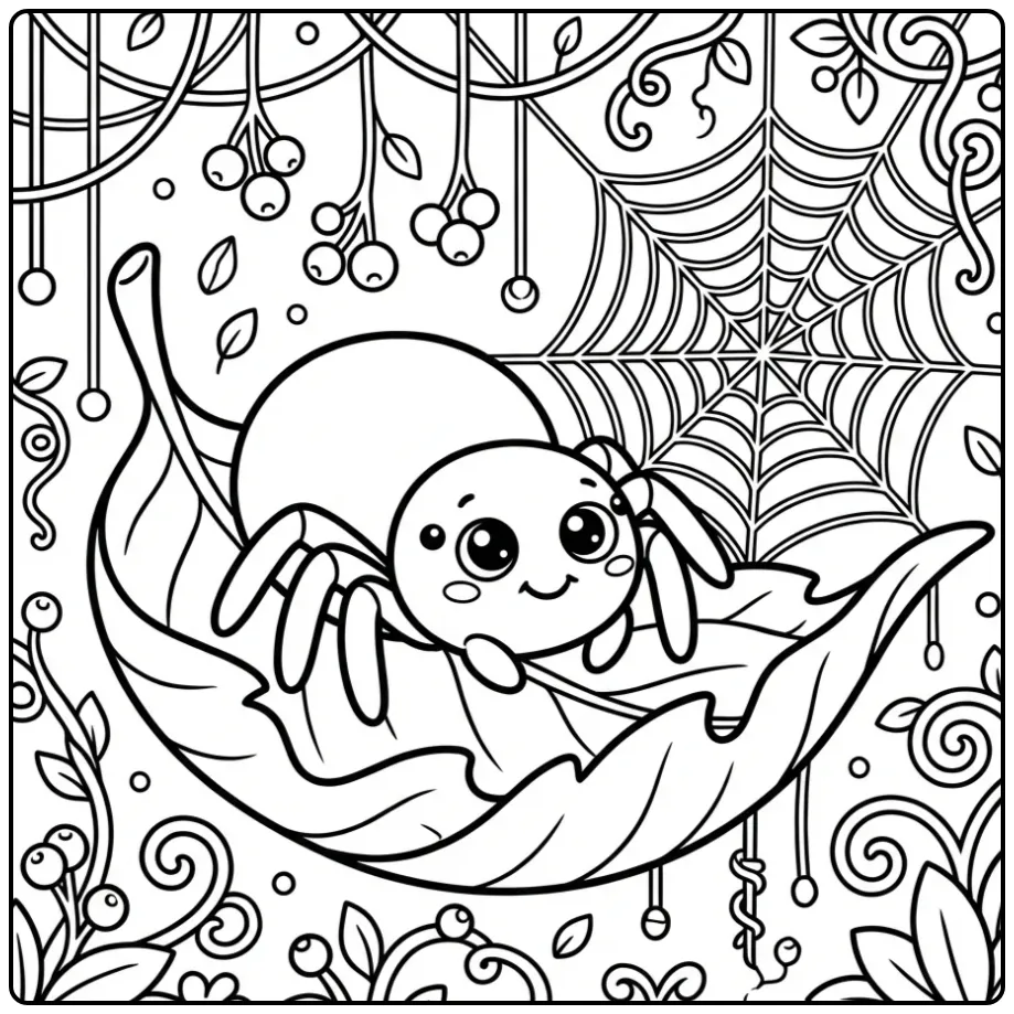 Een gedetailleerde spin kleurplaat met bessen en bladeren