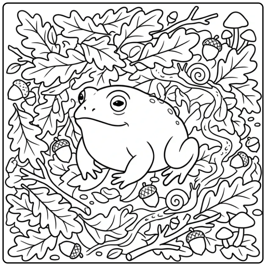 Realistische toad kleurplaat tussen eikenbladeren en eikels.