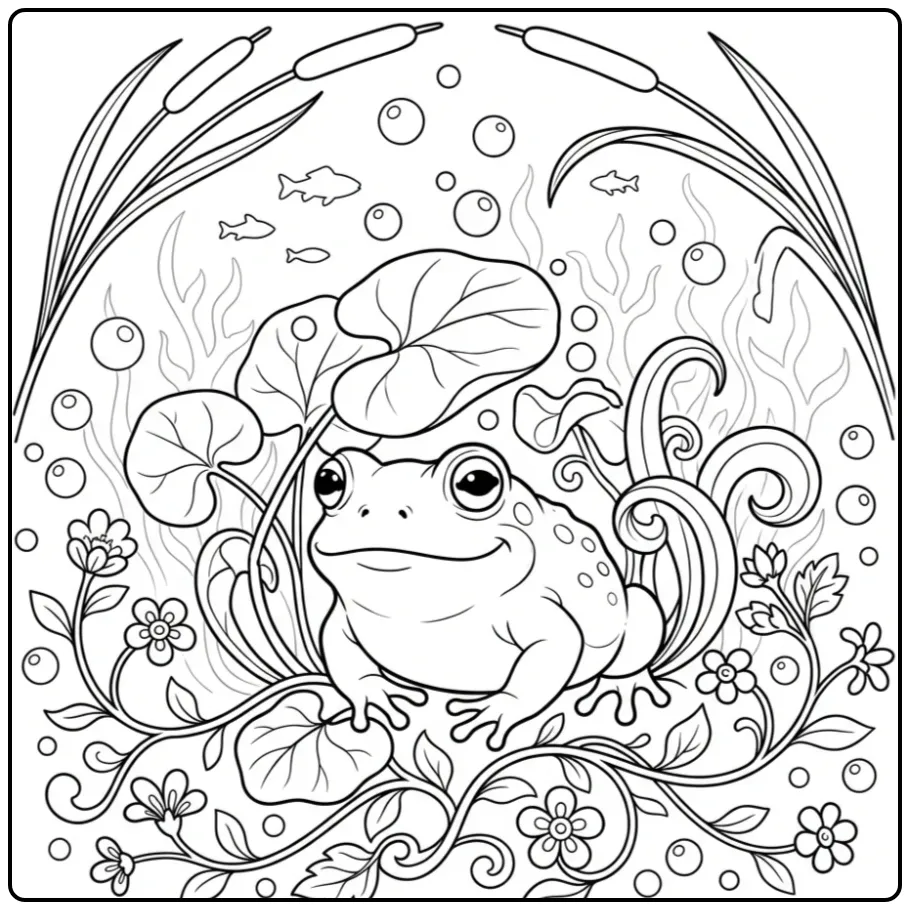 Leuke toad kleurplaat tussen waterkers en bellen.