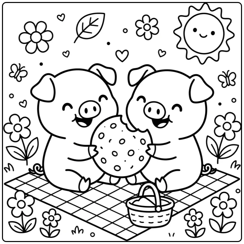 Twee biggetjes delen koekje varken kleurplaat peuters.