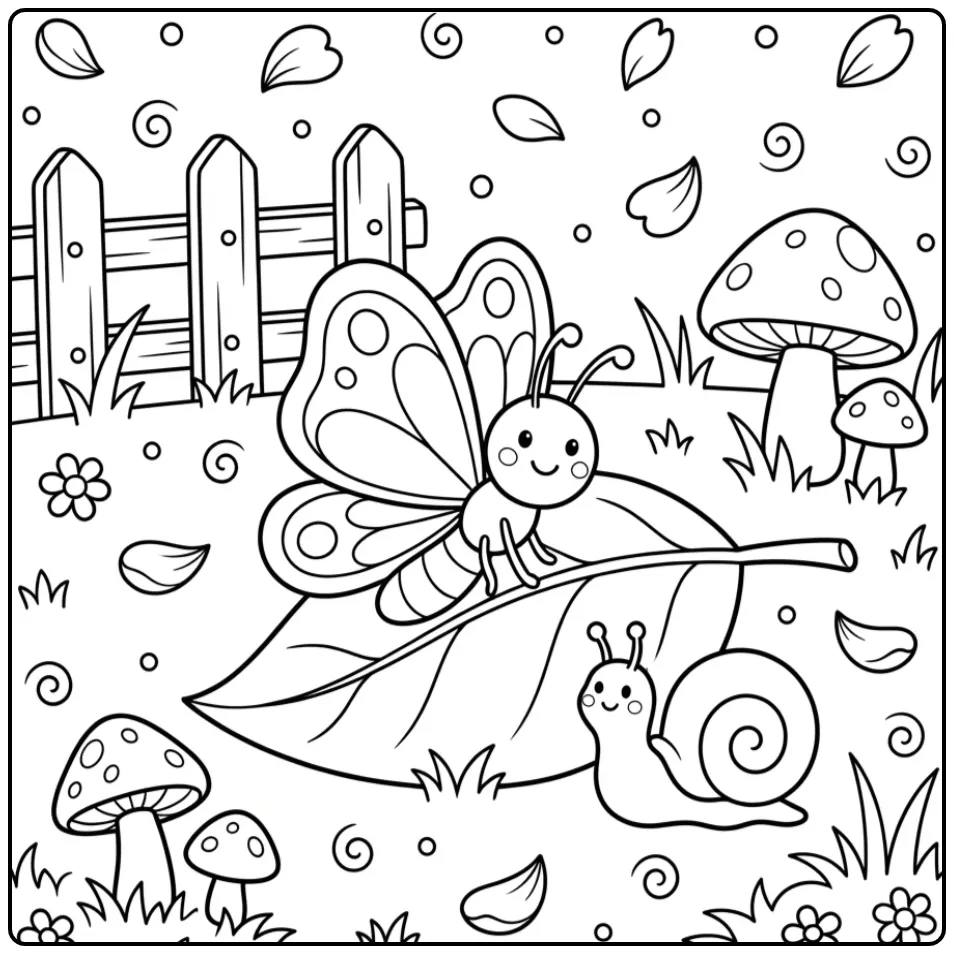 Een vrolijke vlinder kleurplaat simpel met een kleine slak.