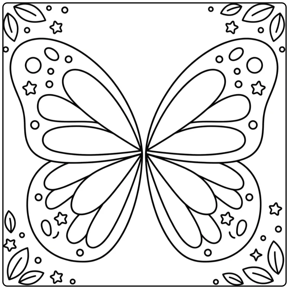 Grote vlinder vleugels kleurplaat met sterren en bladeren.