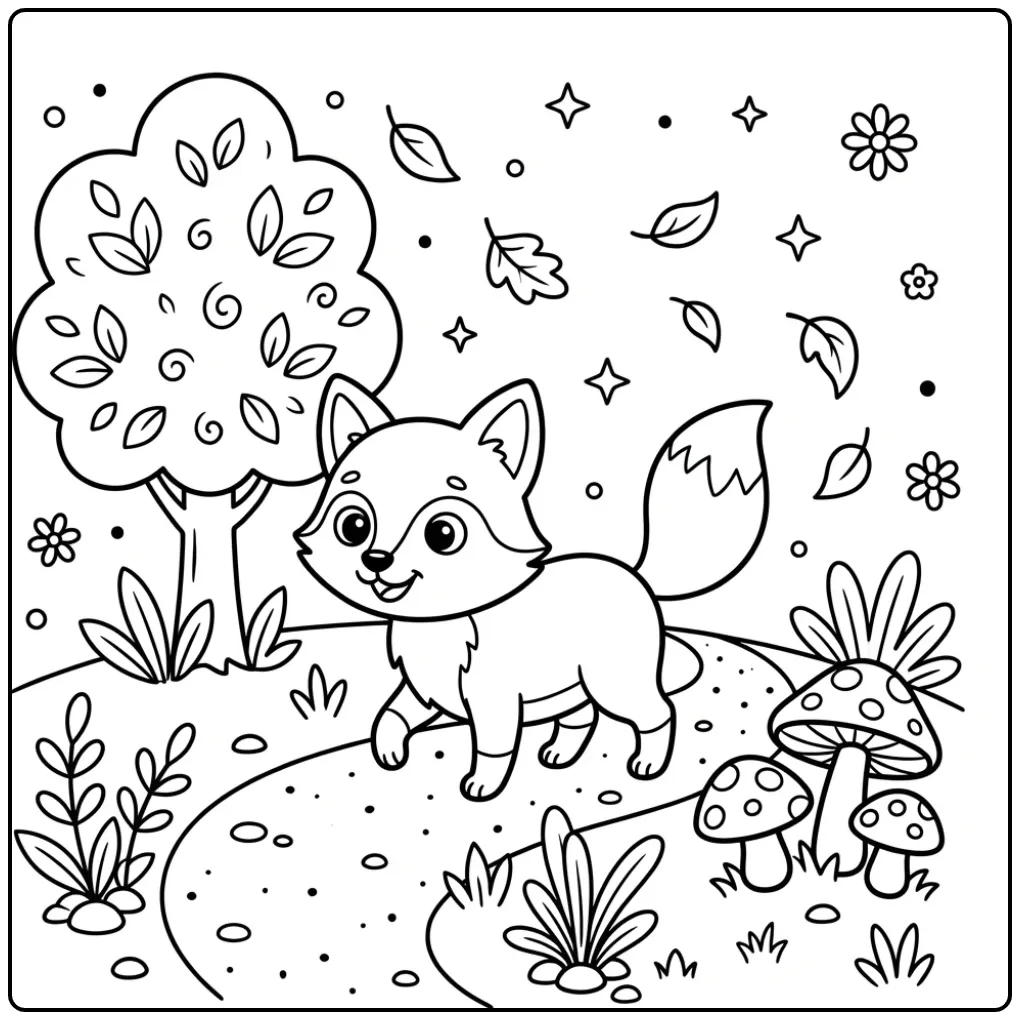 Leuke vos kleurplaat makkelijk met boom en paddenstoelen.