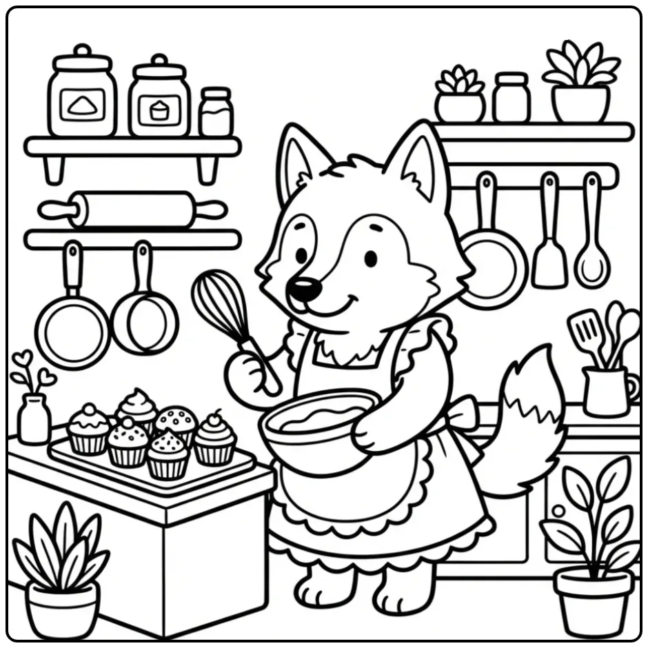 Een bakkende schattige wolf kleurplaat met een garde.