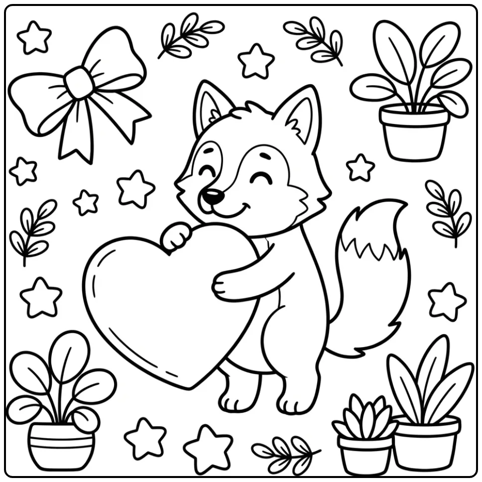 Een schattige wolf kleurplaat met een groot hart en sterren.