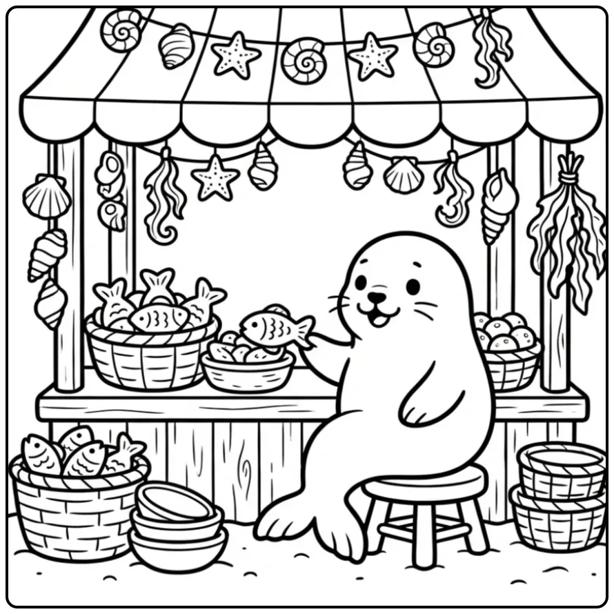 Vrolijke zeehond kleurplaat bij een viskraam met lekkernijen.