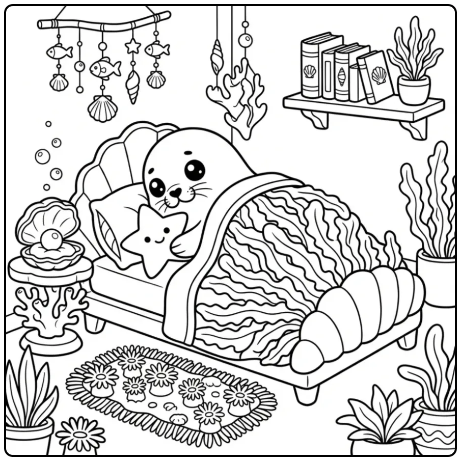 Slapende zeehond kleurplaat met sterrenkussen.