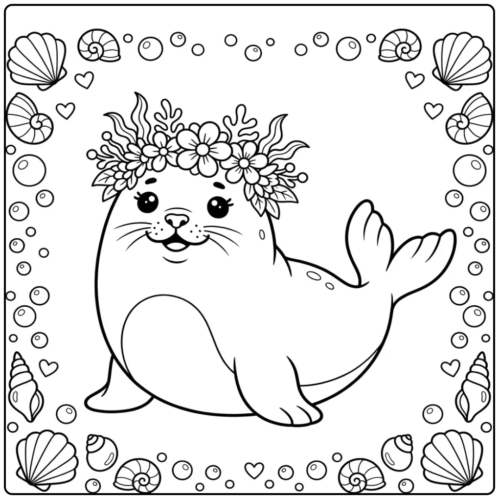 Lieve zeehond kleurplaat met schelpen en bellen.