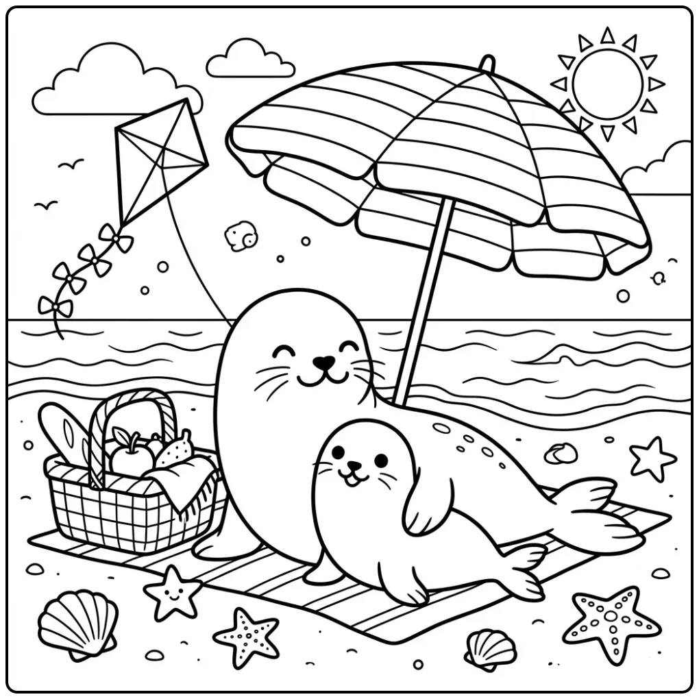 Lieve zeehond kleurplaat met moeder en jong op het strand.