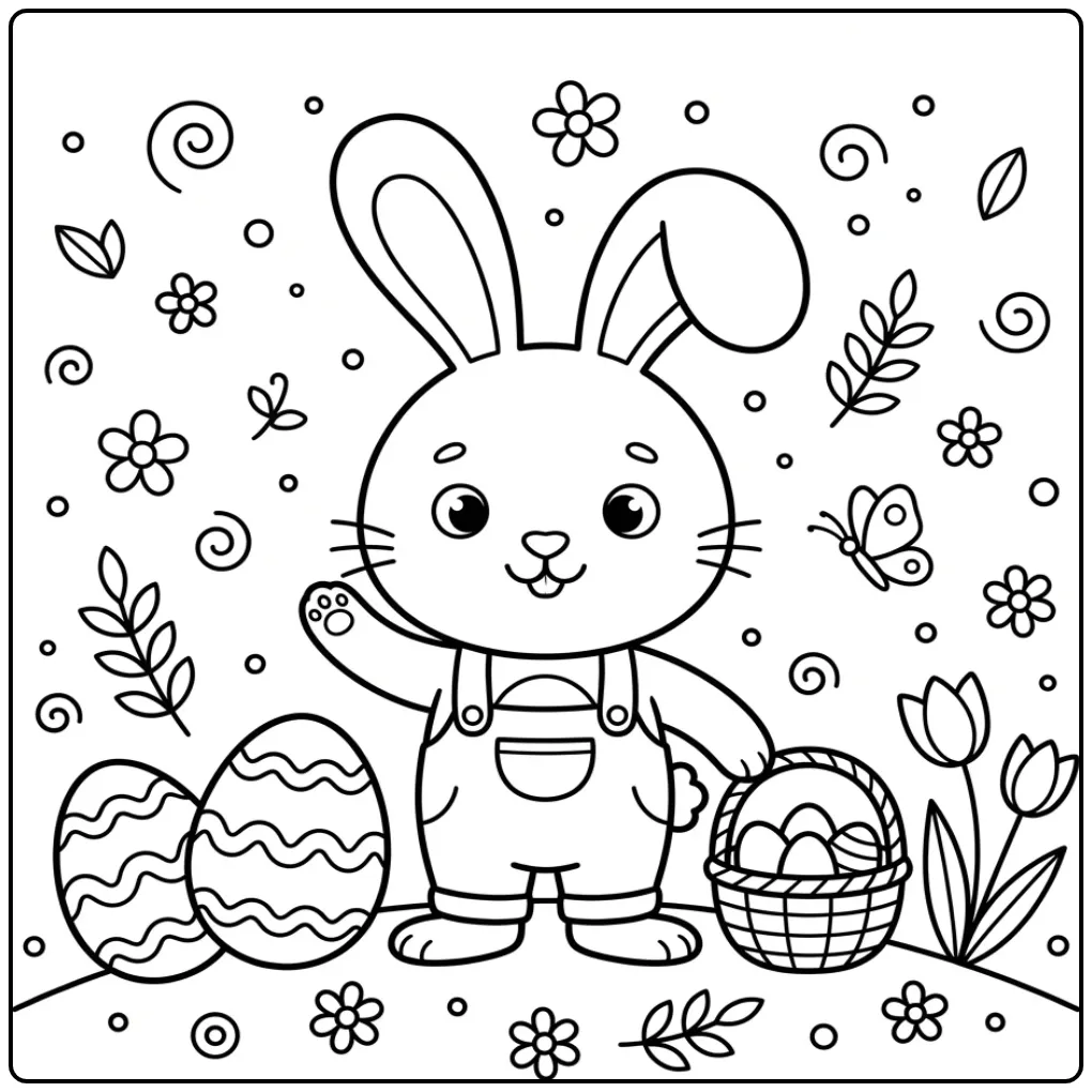Een vrolijke kleurplaat paashaas peuters met eieren en tulpen.