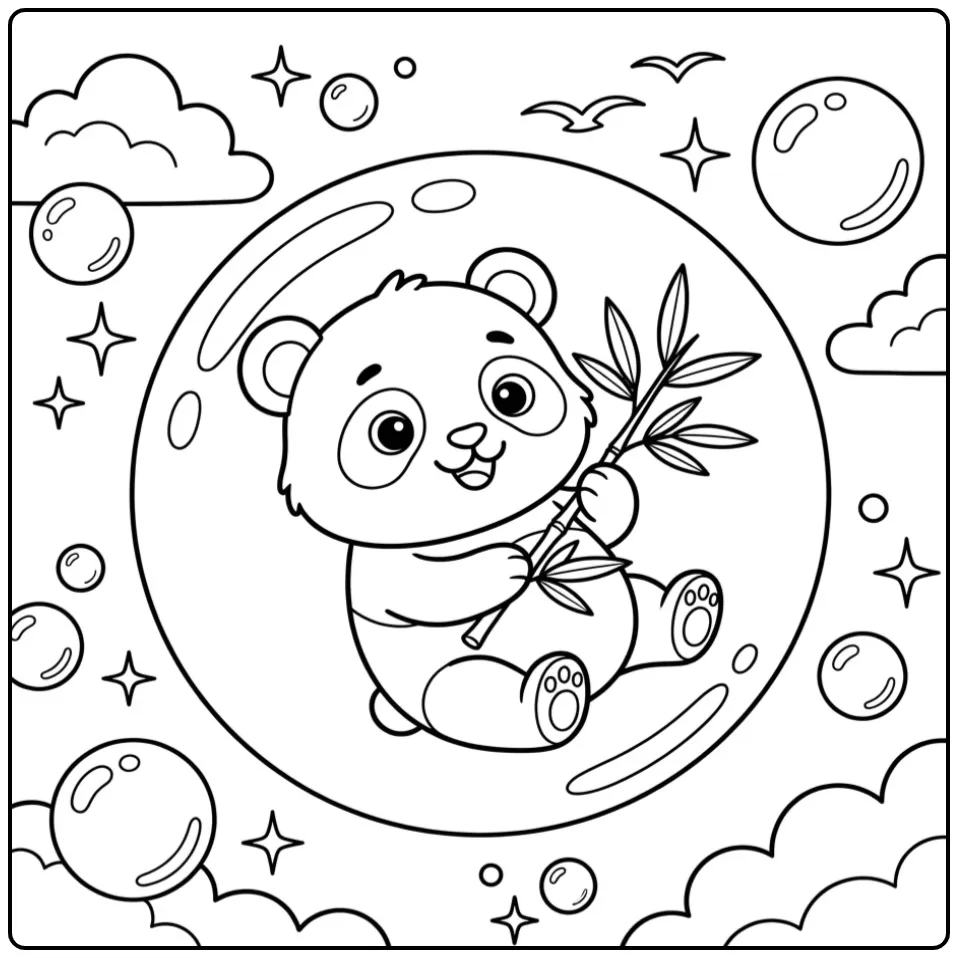 Dromerige baby panda kleurplaat zwevend in een grote bel
