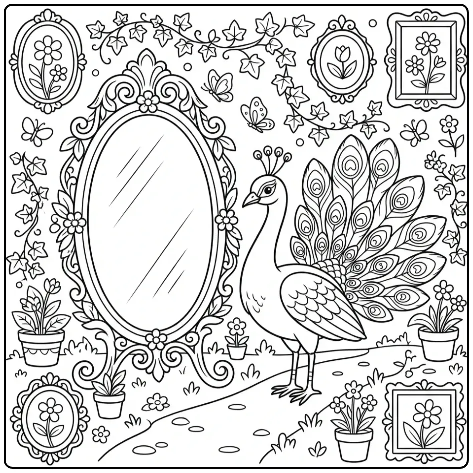 Een schattige kleurplaat pauw bij een spiegel in de tuin.