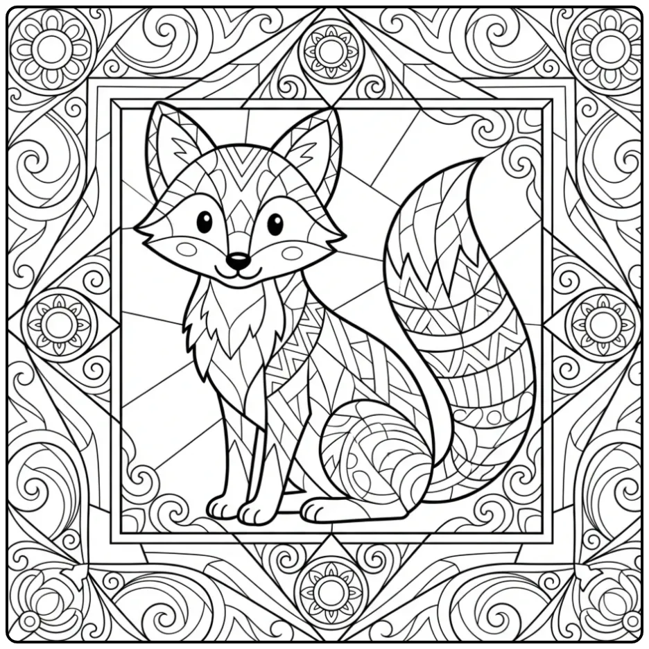 Gedetailleerde kleurplaat vos moeilijk in mozaïekstijl.