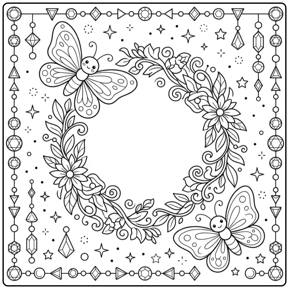 Vlinder kleurplaat volwassenen met bloemenkrans en kralen.