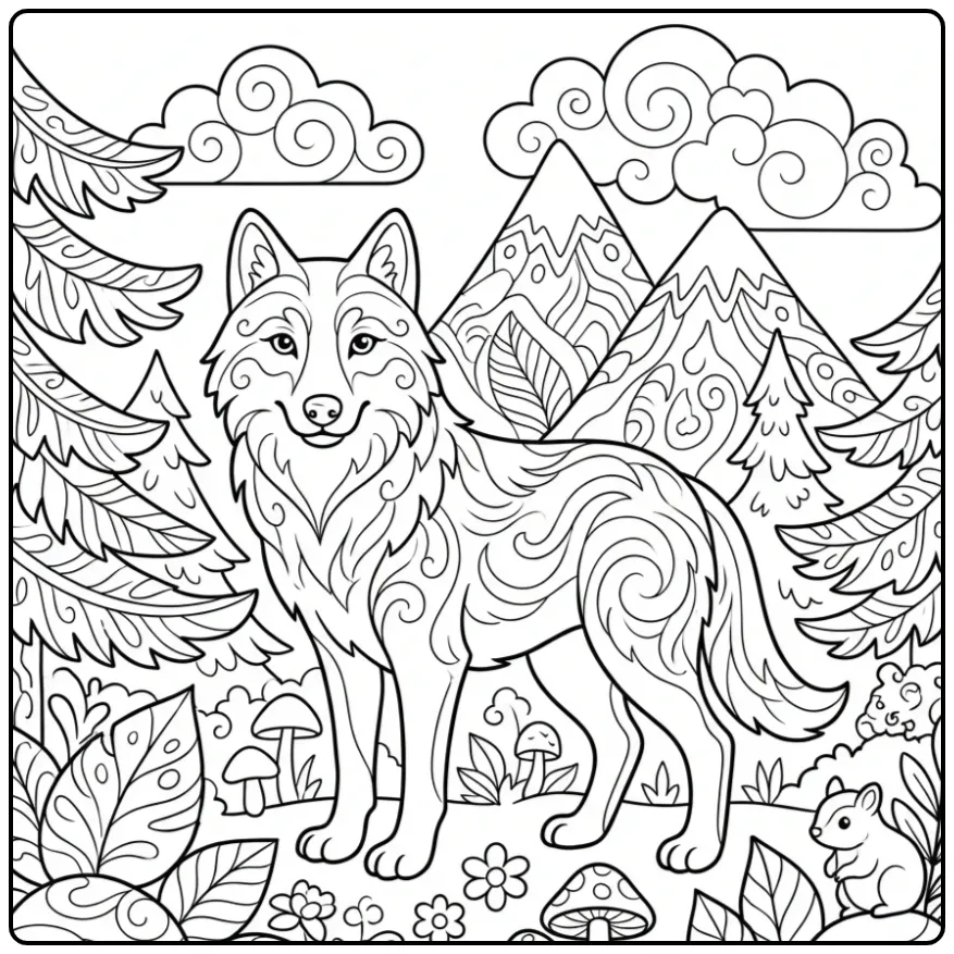 Gedetailleerde wolf kleurplaat voor volwassenen in bos.