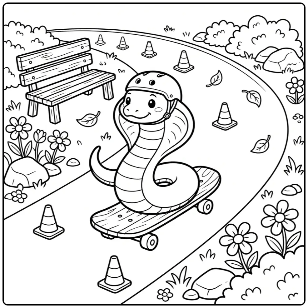 Stoere cobra kleurplaat op skateboard in het park.