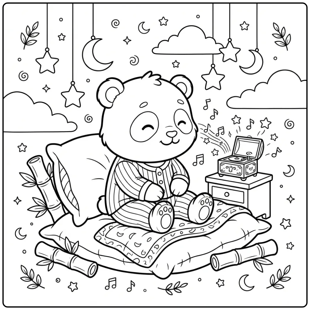 Schattige baby panda kleurplaat met pyjama en muziekdoosje.