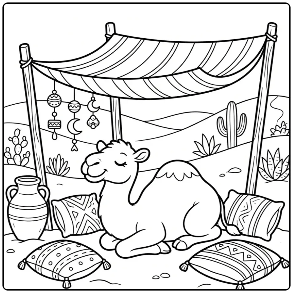 Leuke kameel kleurplaat slapend onder een gestreept afdak.