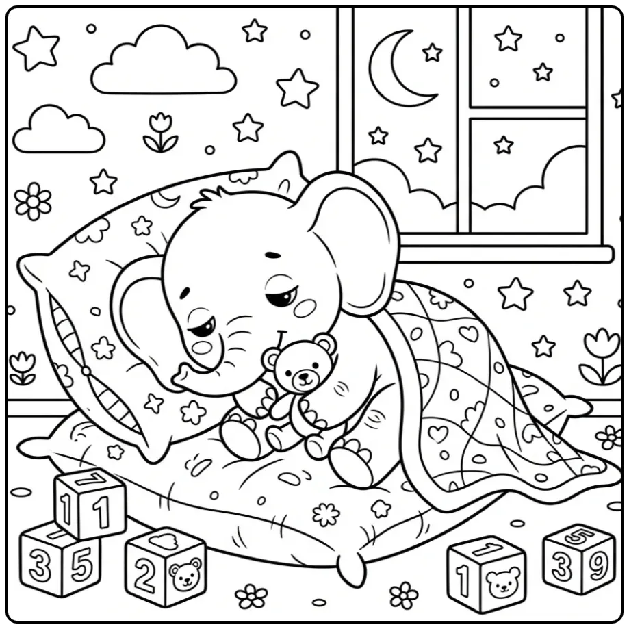 Schattige kleurplaat olifantje slapend met een teddybeer