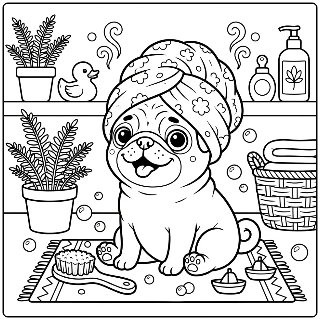 Schattige kleurplaat mopshond met handdoek tulband.