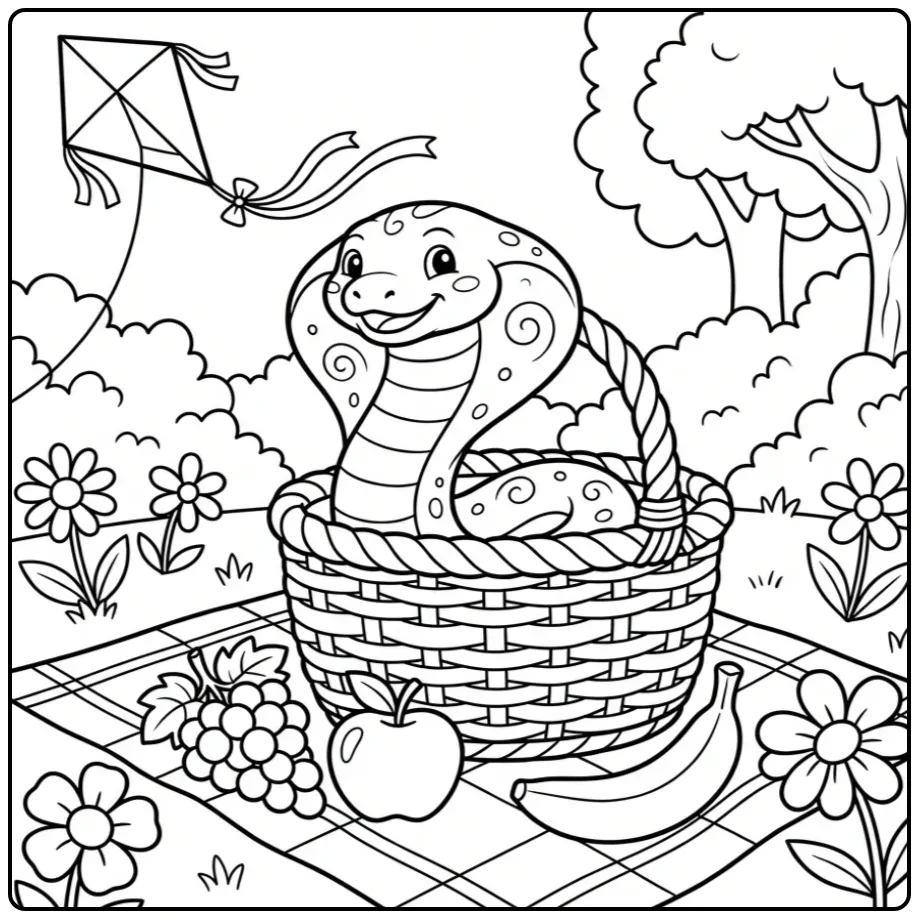 Een schattige cobra kleurplaat in een mandje tijdens een picknick.
