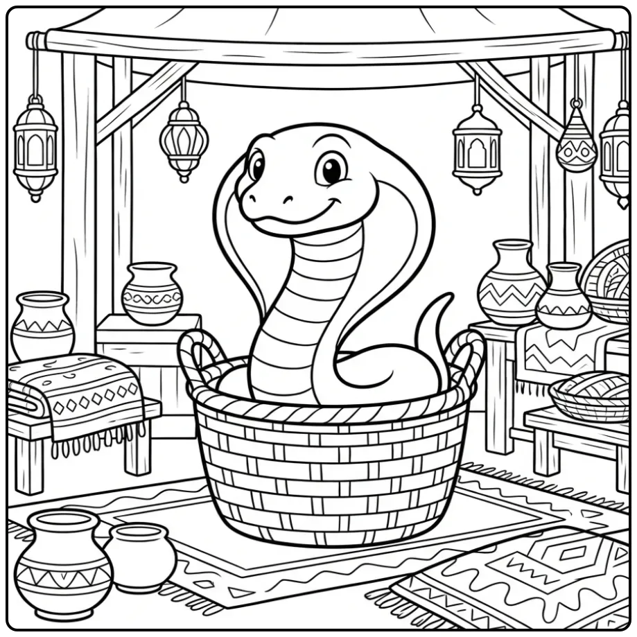Schattige cobra kleurplaat die uit een mand kijkt op de markt.