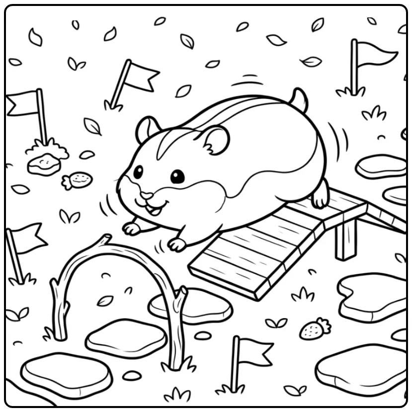Schattige dwerghamster kleurplaat op een mini hindernisbaan.