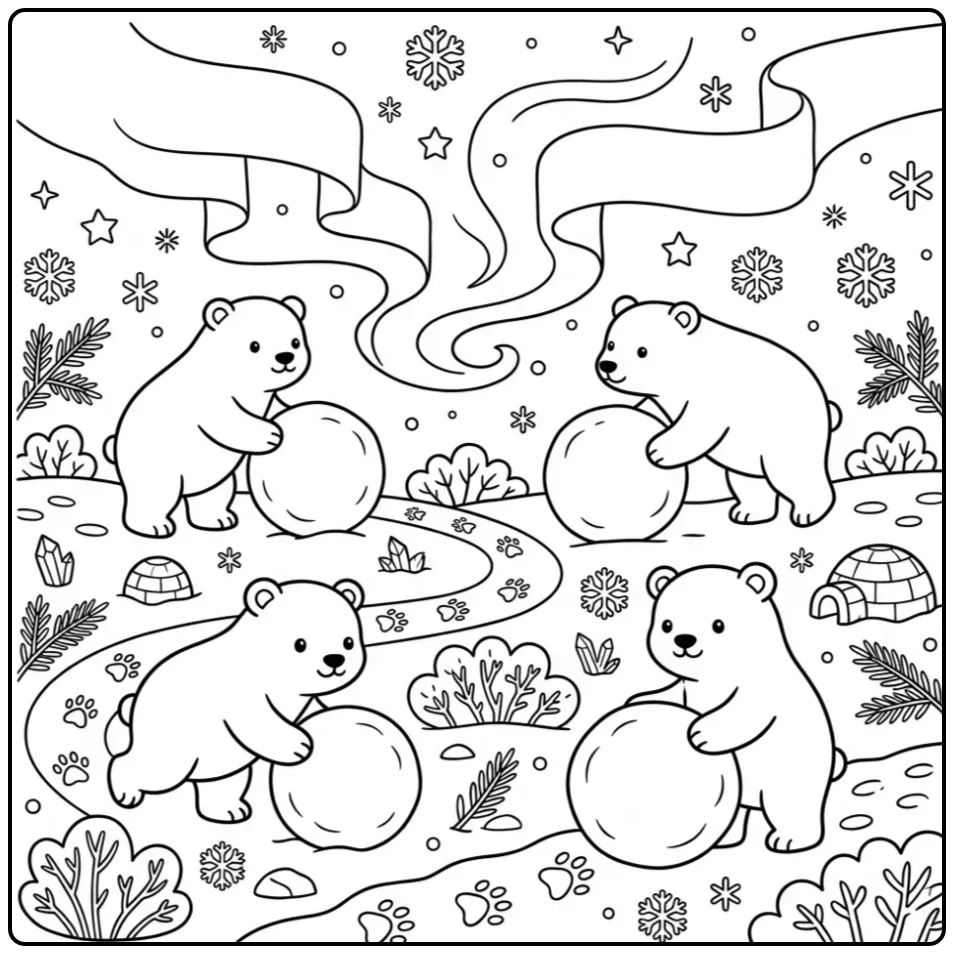 Schattige ijsberen kleurplaat met rollende sneeuwballen.