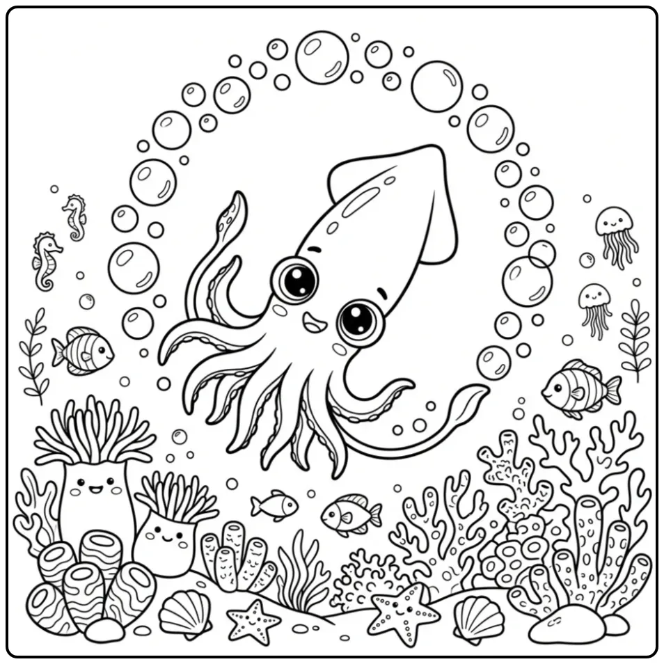 Een schattige inktvis kleurplaat zwemmend bij koraal.