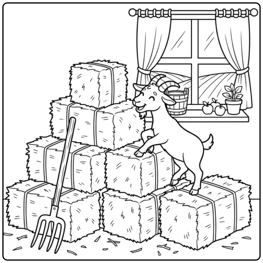 Een vrolijke kleurplaat geit die op stapels hooi klimt.