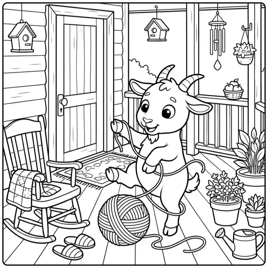 Een vrolijke kleurplaat geit speelt met wol op de veranda.