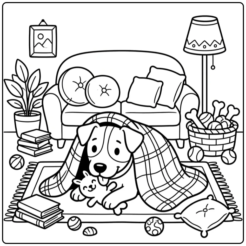 Schattige kleurplaat jack russel onder een deken met speeltje.