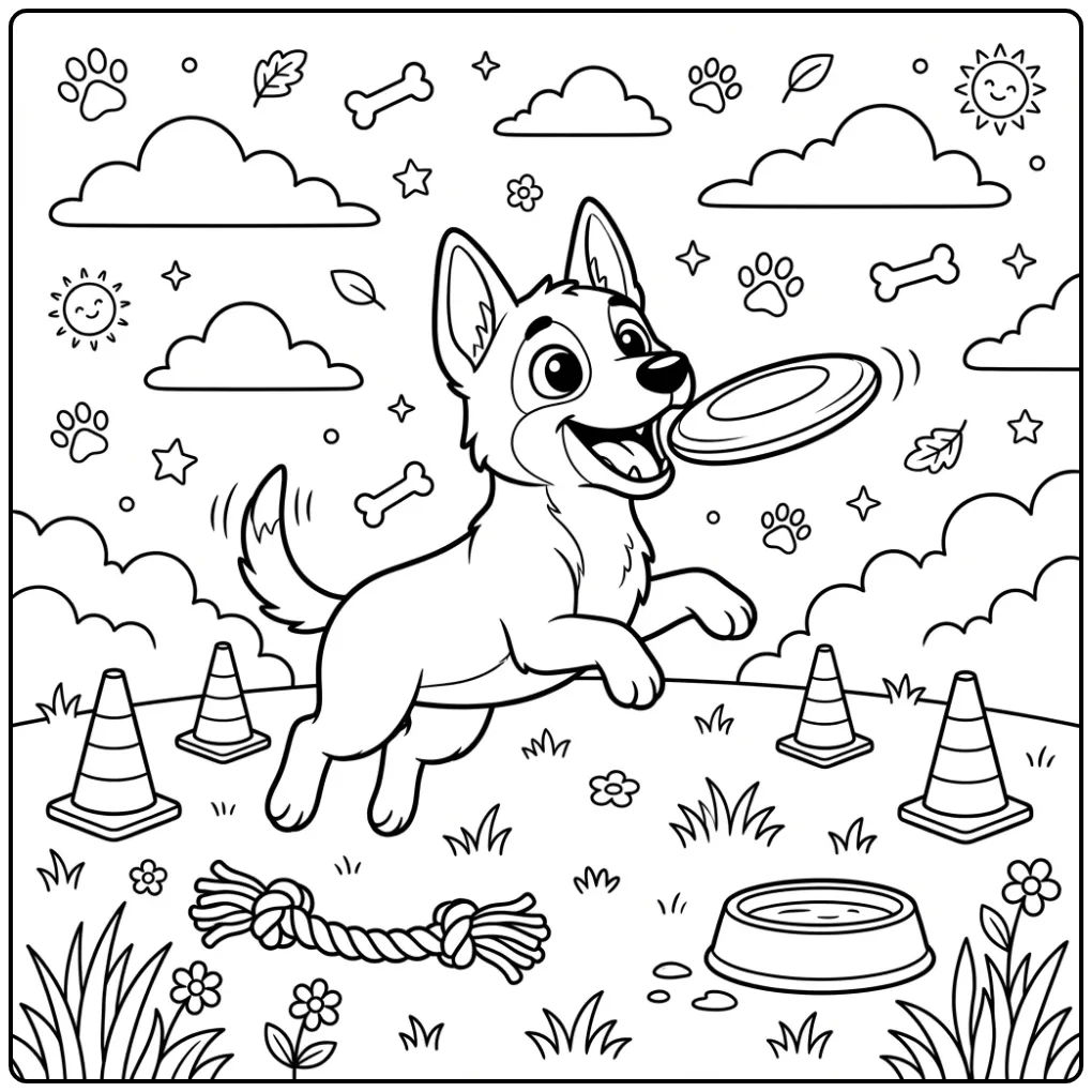 Leuke kleurplaat mechelse herder puppy die een frisbee vangt.