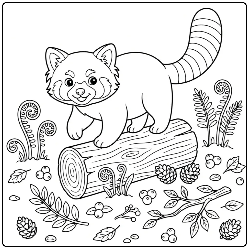 Leuke kleurplaat rode panda balancerend op een boomstam.