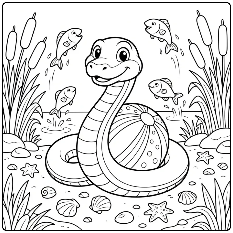 Cute kleurplaat slang met strandbal aan de rivier.