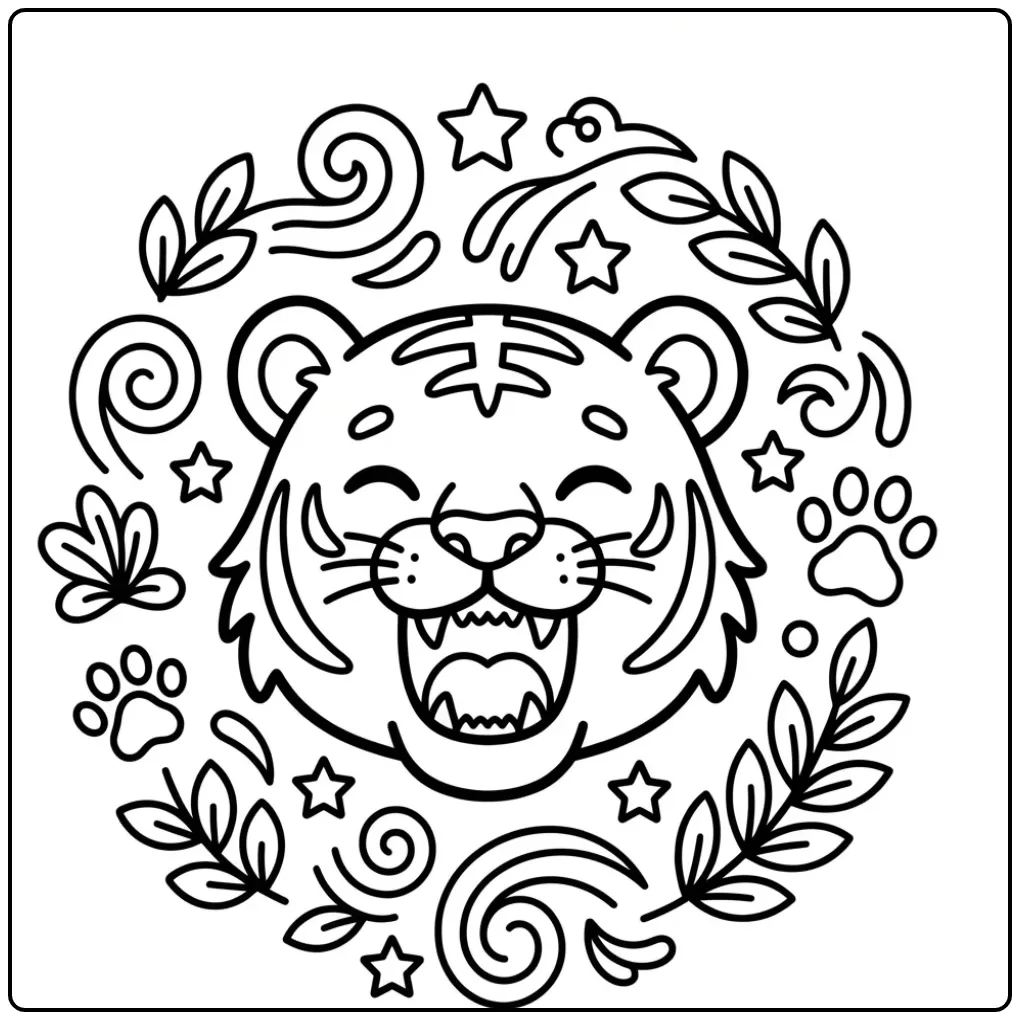 Cartoon tijger hoofd kleurplaat met bladeren en pootafdruk