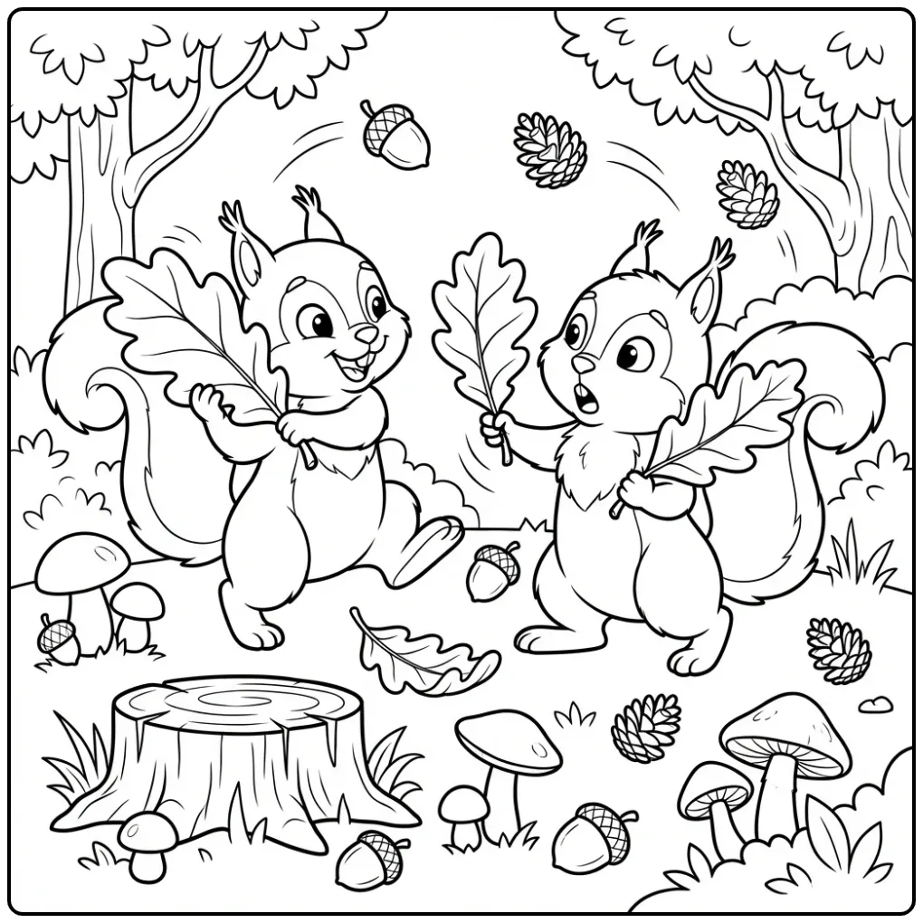 Leuke twee vechtende eekhoorntjes kleurplaat in het bos