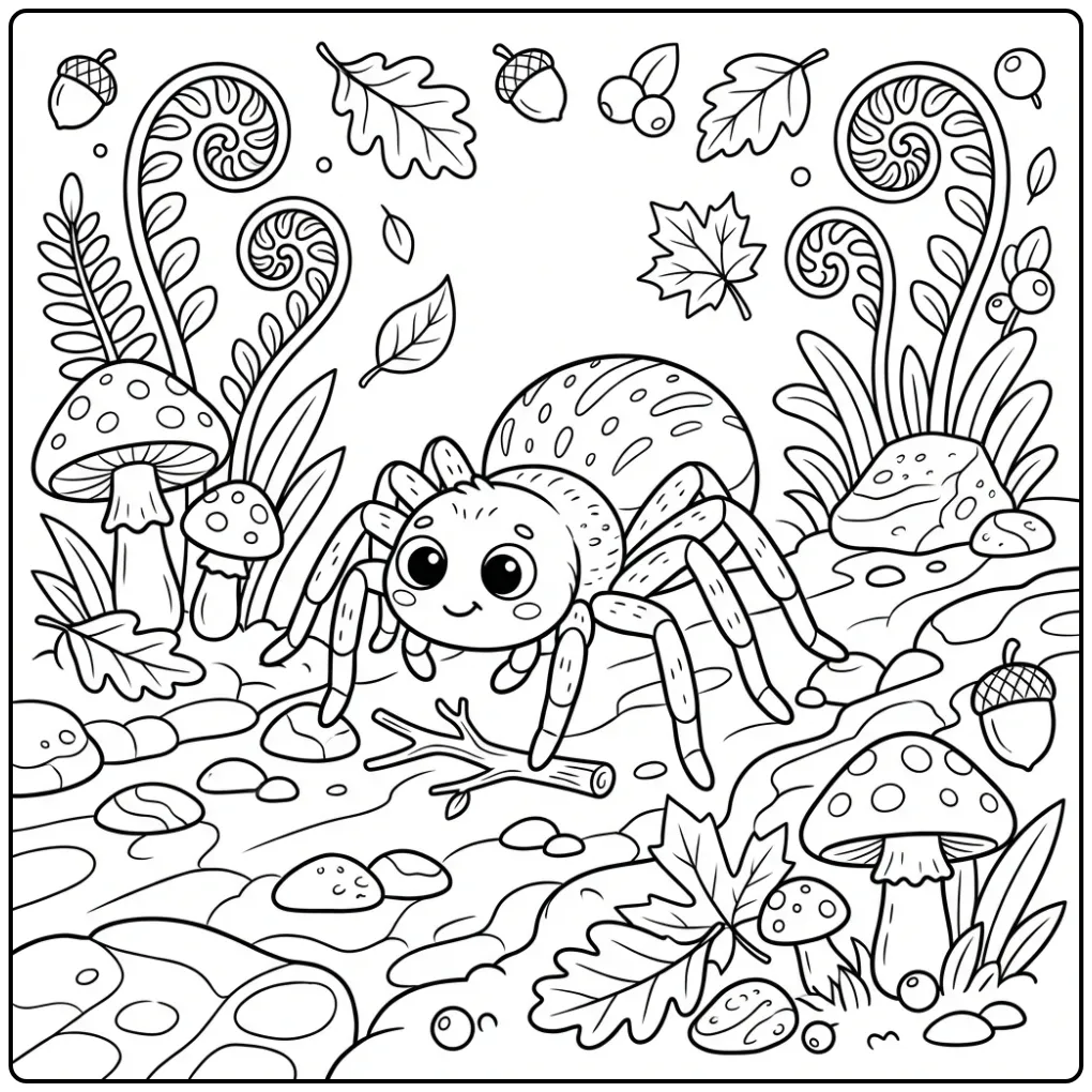 Schattige wolfspin in het bos spin kleurplaat voor kinderen.