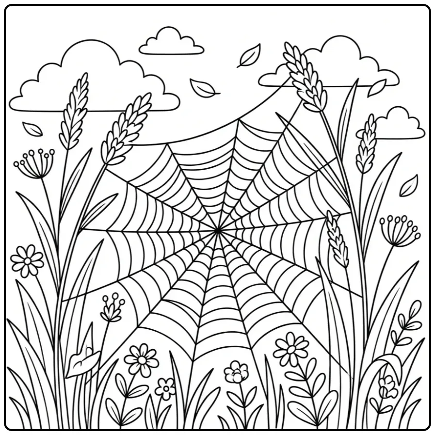 Een schattige spinnenweb kleurplaat met spin in het gras.