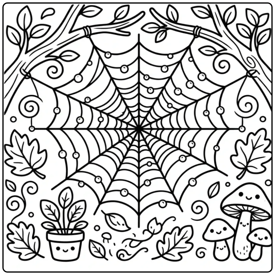 Een gedetailleerde spinnenweb kleurplaat met een lieve spin.