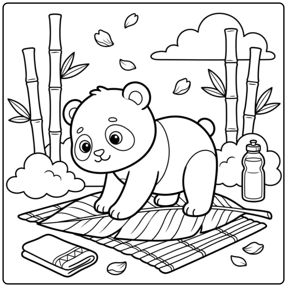 Schattige baby panda kleurplaat die yoga doet op een mat.