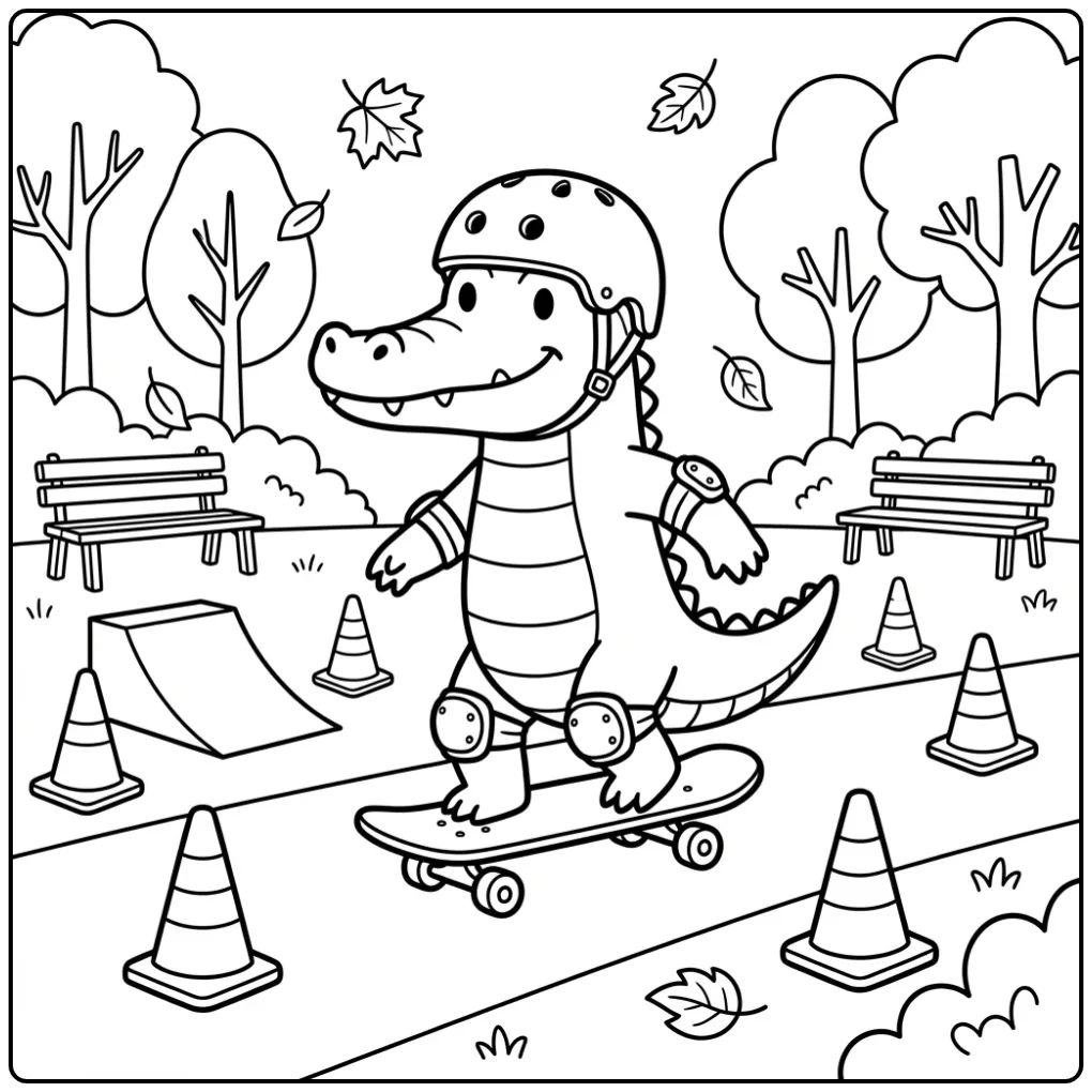 Een kleurplaat krokodil op een skateboard met helm in het park.