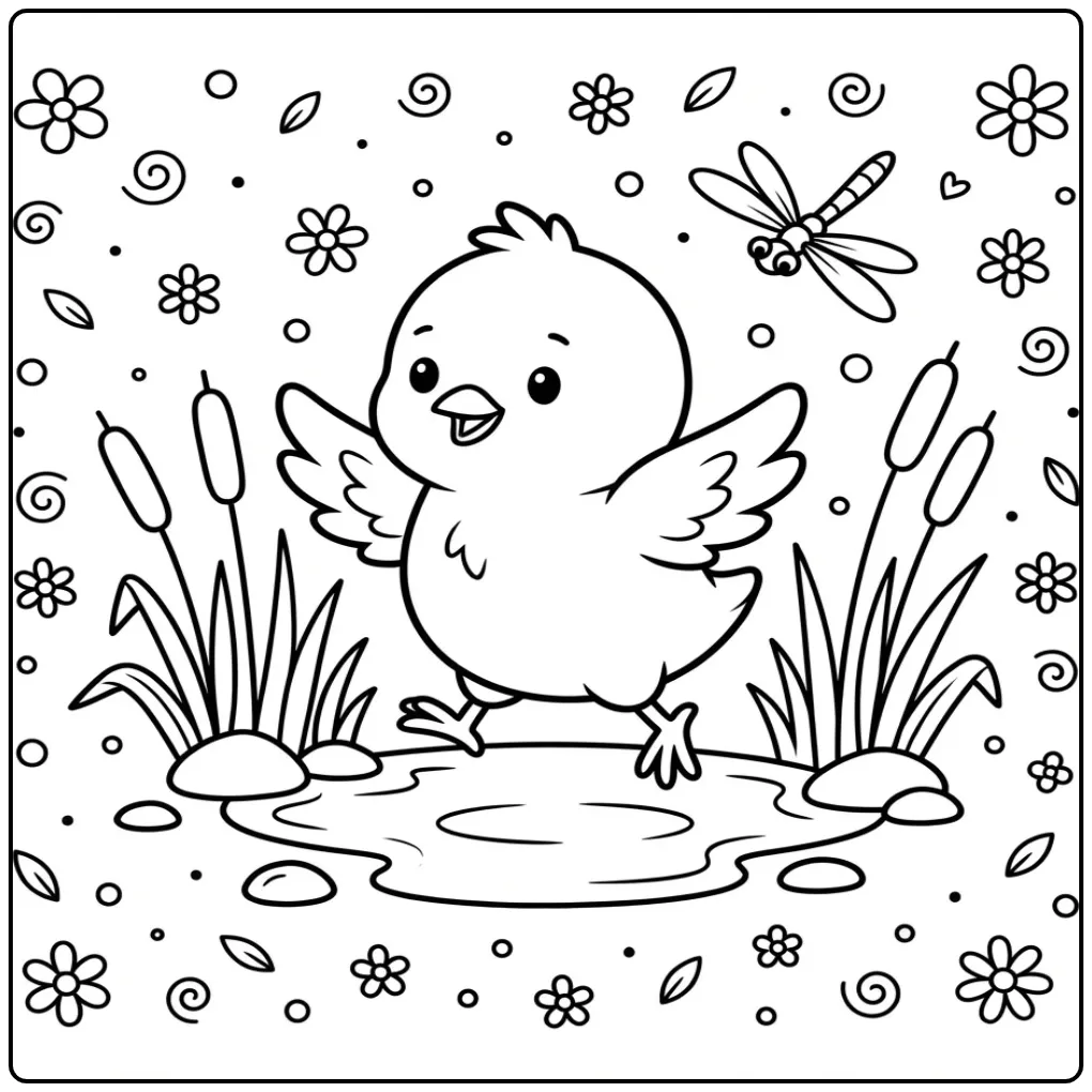 Vrolijke kuiken kleurplaat springend over een kleine waterplas.