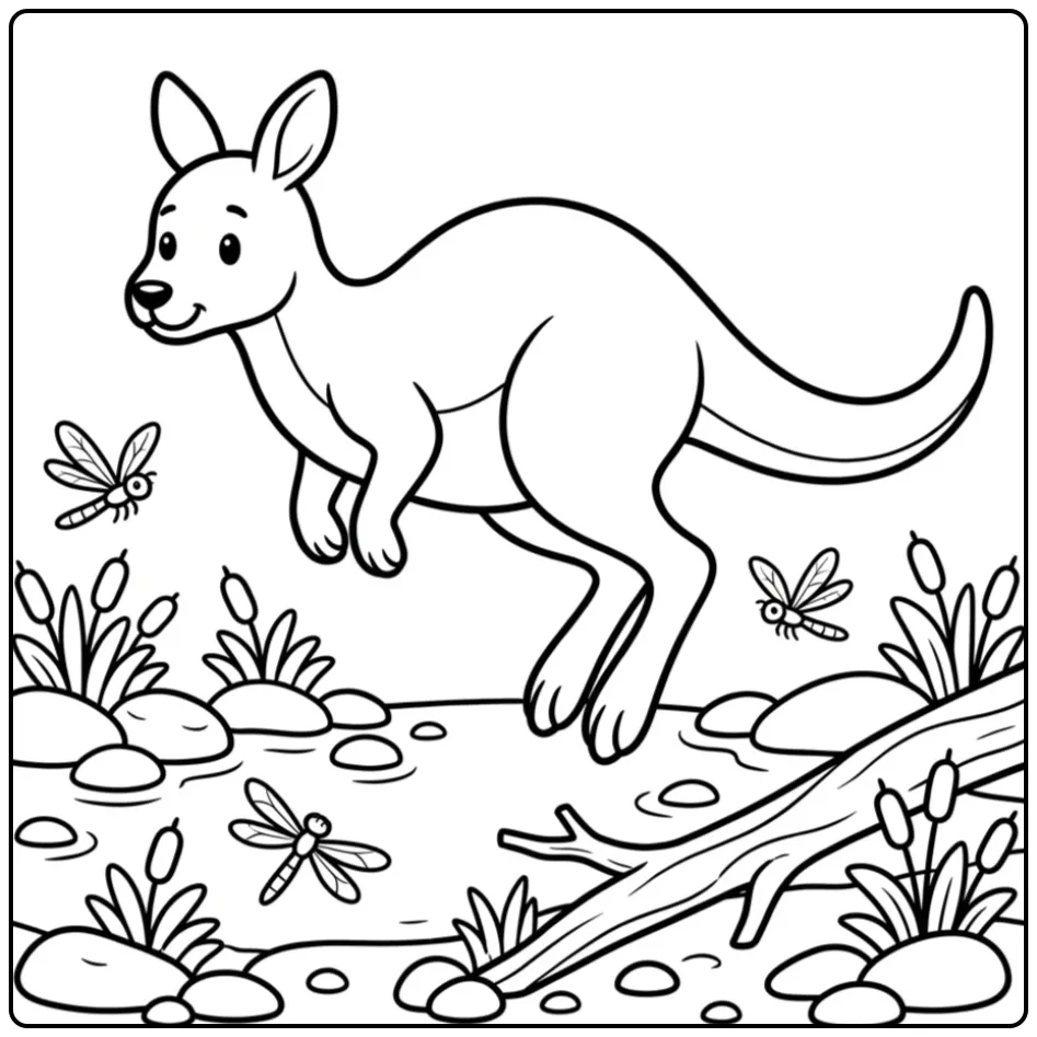 Een leuke kleurplaat kangoeroe springend over een beekje.