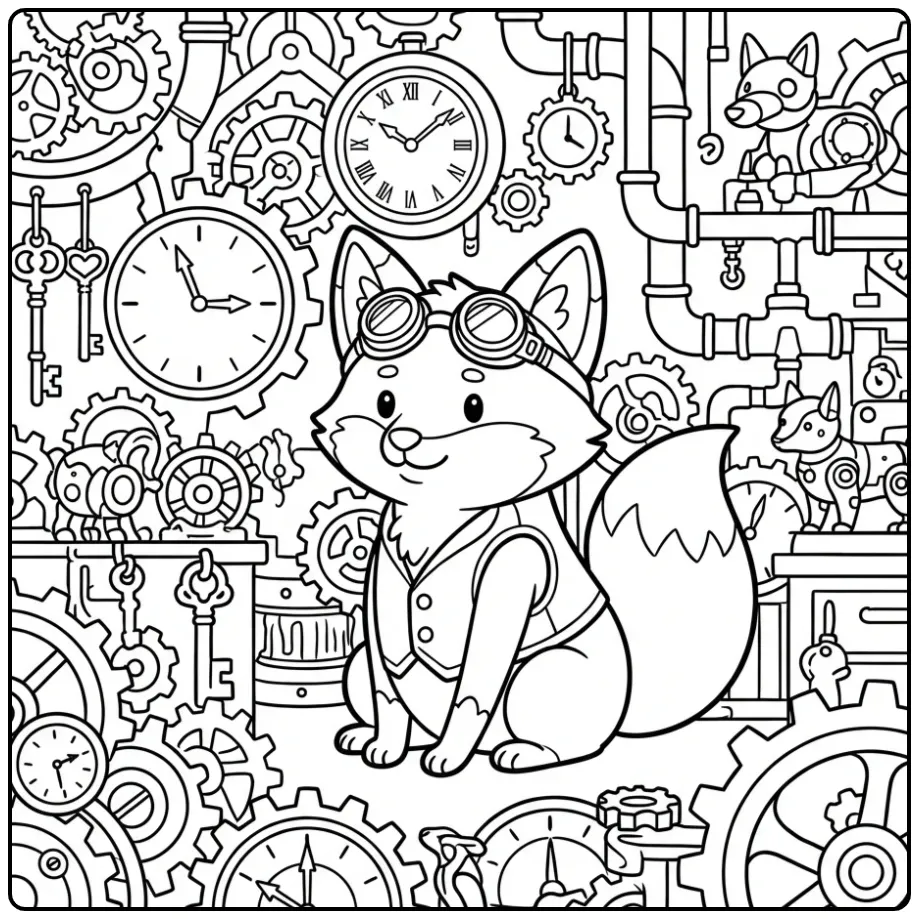 Gedetailleerde kleurplaat vos moeilijk in steampunk stijl.