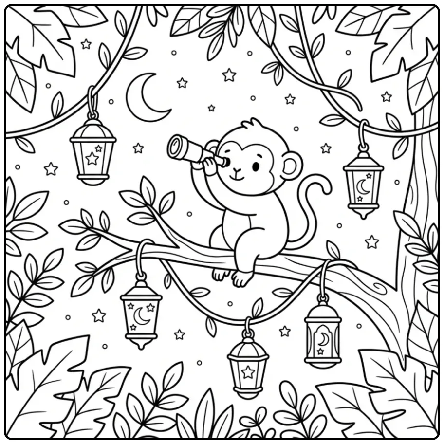 Nachtelijke kleurplaat aap in boom met sterren en maan