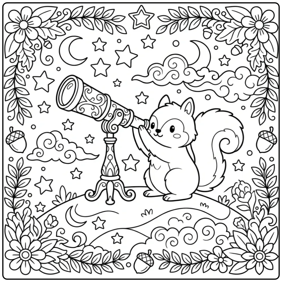 Gedetailleerde kleurplaat eekhoorn moeilijk met telescoop en sterren.